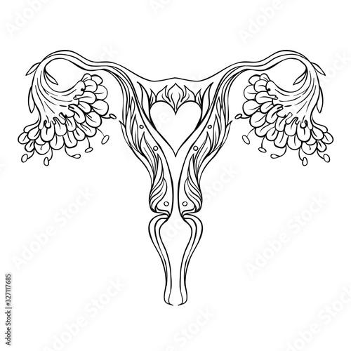 Decorative drawing of female reproductive system with flowers. Hand drawn uterus, womb. Girl power, feminism, female nature. Vector illustration isolated on white.