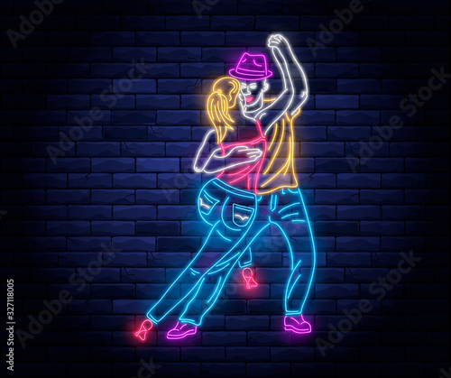 Dance party neon banner with dancing couple