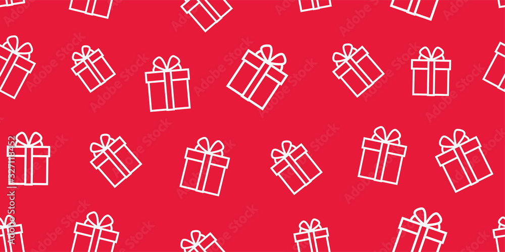 Seamless pattern of white simple line gift boxes on red backdrop Seamless pattern of white simple line gift boxes on red backdrop