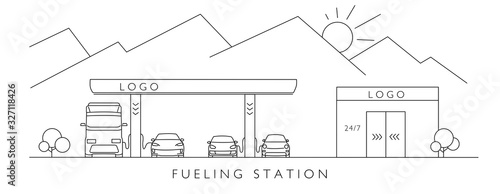 refueling gas station with small shop on travel route with mountains, with different cars and other vehicles, linear graphic