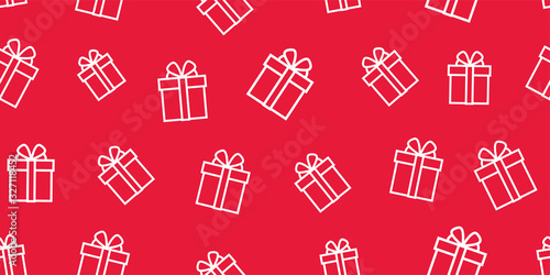 Seamless pattern of white simple line gift boxes on red backdrop