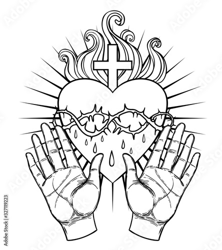 Female open hands around sacred heart of Jesus. Hope faith and help, assistance and support symbol. Black and white vector illustration in vintage style isolated on white