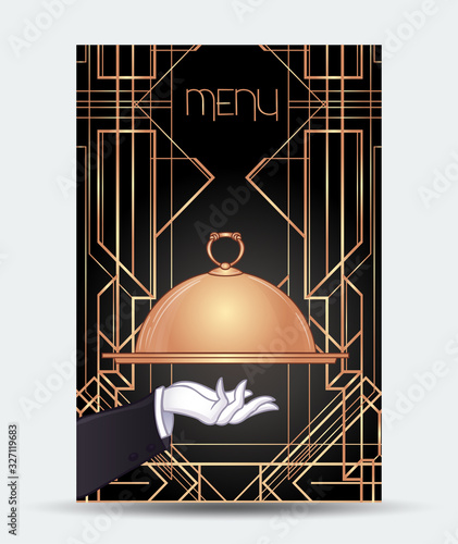 Art Deco vintage invitation template design with illustration of man. Great Gatsby inspired. patterns and frames. Retro party background 1920s style. Vector for glamour event, wedding or jazz party