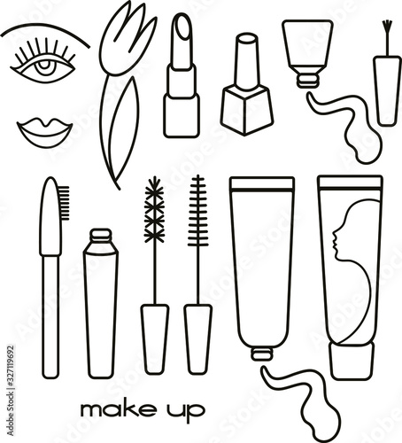 Vector line art set. Cosmetic for female make up: brow pencil, mascara with different brushes, face cream, lipstic, nile polish bottle and eye, brow, lips , tulip flower. Black and white, linear.
