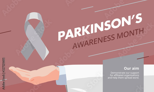 Parkinson's disease awareness month template. Silver ribbon on doctor hand for elderly neurology problems like dementia, alzheimer, amnesia, tremor, ovarian, trembling, disorder. Isolated vector 
