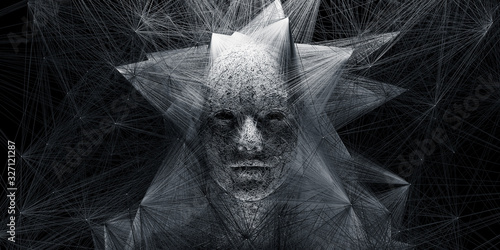 Abstract digital human face with big data connection or mistic mask. 3d illustration