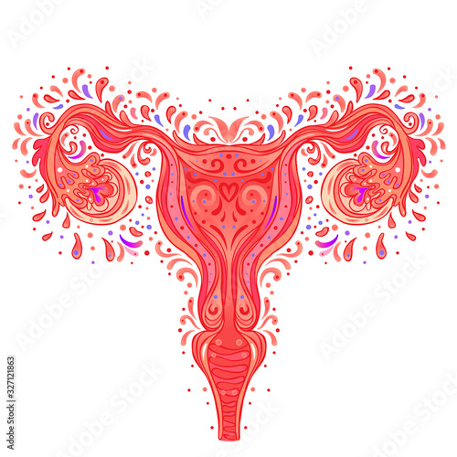 Decorative drawing of female reproductive system with flowers. Hand drawn uterus, womb. Girl power, feminism, female nature. Vector illustration isolated on white.