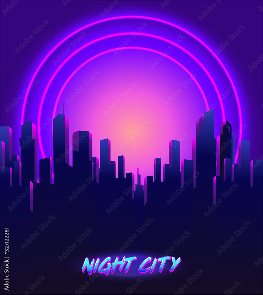 Retro Futurism. Vector futuristic synth wave illustration. 80s Retro poster Background with Night City Skyline. Rave party Flyer design template in 1980s style..