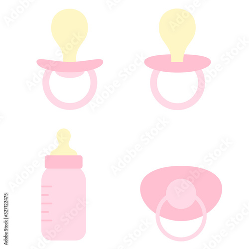Set of baby nipples and a bottle with a pacifier. Vector illustration.