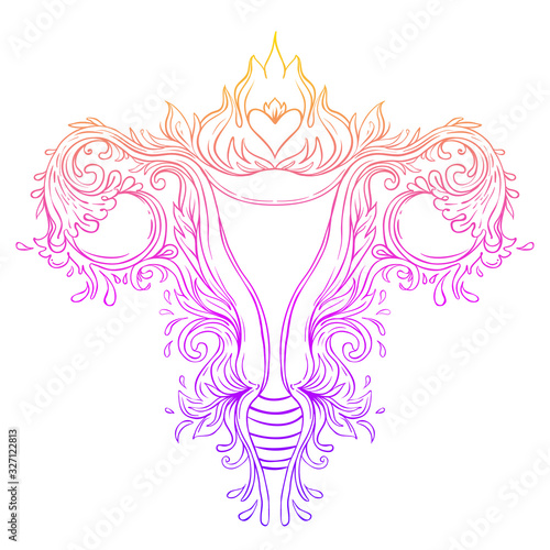 Decorative drawing of female reproductive system with flowers. Hand drawn uterus, womb. Girl power, feminism, female nature. Vector illustration isolated on white.
