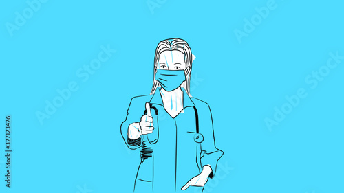 female doctor wearing surgical/medical mask to prevent infectious disease/virus doing thumbs up simple hand drawn design style minimal vector illustration