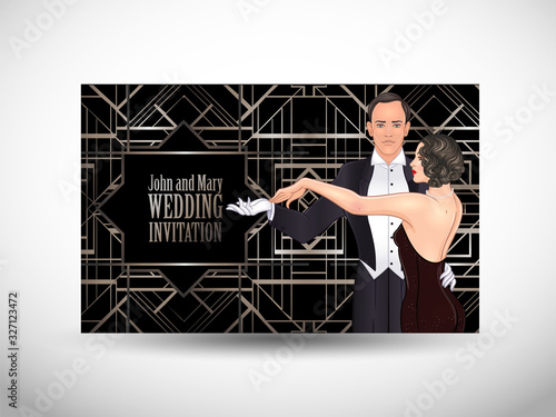 Art Deco vintage invitation template design with illustration of flapper girl. patterns and frames. Retro party background set 1920s style. Vector for glamour event, thematic wedding or jazz party.