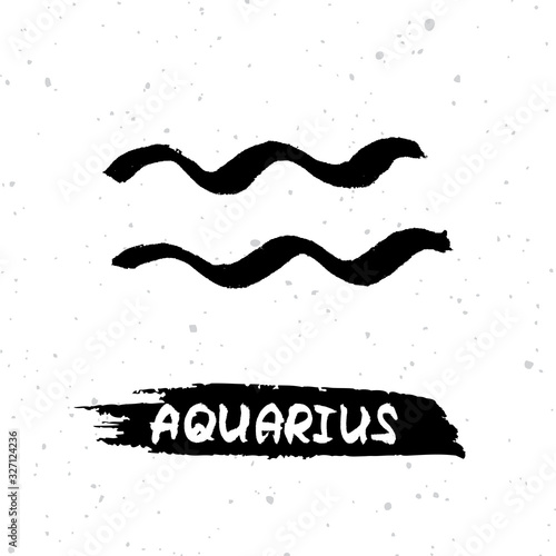 Aquarius horoscope sign, symbol, zodiac sign. Hand drawn vector illustration on starry sky background with "Aquarius" lettering on brush stroke. Hand drawing design ink illustration. 