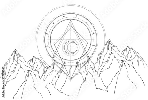 Mountain landscape scene. Vector illustration in black and white isolated. Outdoors nature and sacred geometry crescent moon and stars. Adventure artwork for travel and wanderlust tattoo.