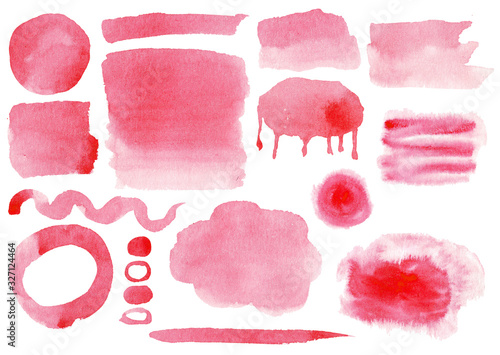 Set of red watercolor splots, strokes ans splashes. Isolated on white background.