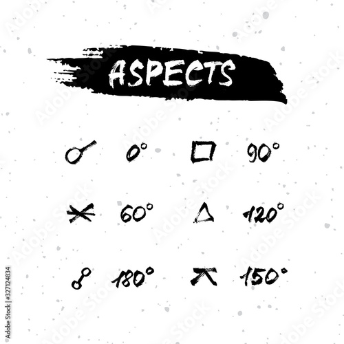 Vector handdrawn brush ink illustration set of astrological major and minor aspects. Collection of horoscope, magic symbols, icons.  Astrology concept for occult design.