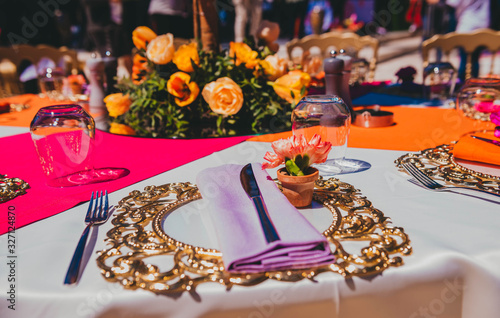 Elegant table setting with fork, knife and napkin