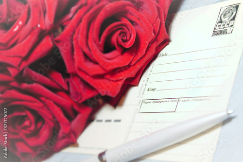 red rose on  postcard from the ussr