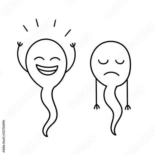 Cheerful strong sperm and sad weak.Health problems, male infertility, fertilization, medicine, IVF, DNA.Doodle illustration vector on white background.isolated.