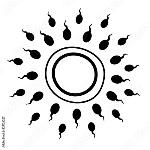 Spermatozoa tend to the egg.Concept of fertilization, pregnancy, conception.Gynecology, women's problems, infertility, childbirth,new life.Vector stock illustration on a white background