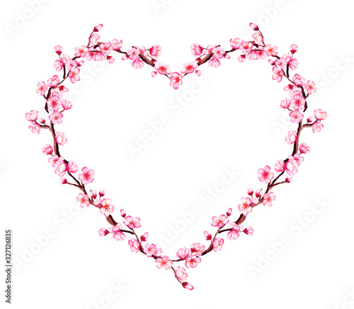 Watercolor vector floral sakura heart shaped frame. Spring cherry blossom wreath, isolated on white.