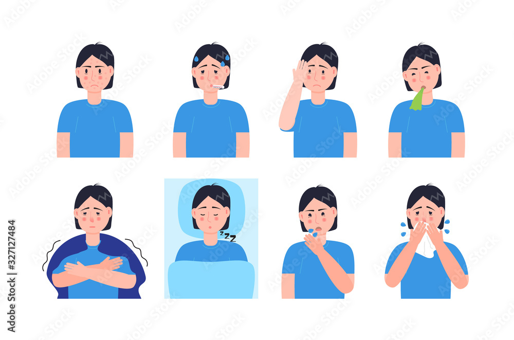 Sick man coughing, sneezing. Set character vector of cold, flu, sore throat, measles. Illustrations of fever, allergy, headache, vomiting are isolated on white background Sick man coughing, sneezing. Set character vector of cold, flu, sore throat, measles. Illustrations of fever, allergy, headache, vomiting are isolated on white background