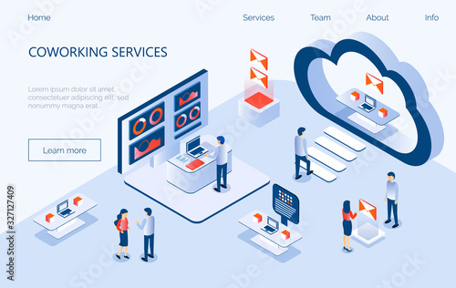 Coworking service isometric concept vector. Coworkers office with characters. Cloud office for internet business. Freelancers working online. Seo optimization, web development, copywriting