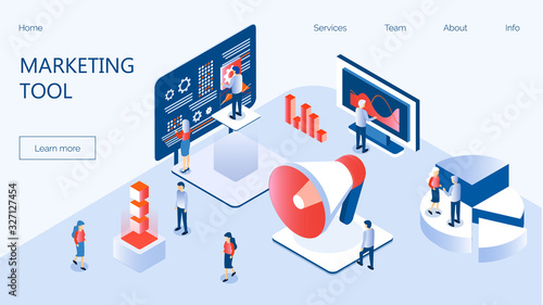 Marketing e-commerce, data analysis tool isometric vector for website. Digital business content, column charts on screen. E-mail marketing, product promoting, advertising campaign