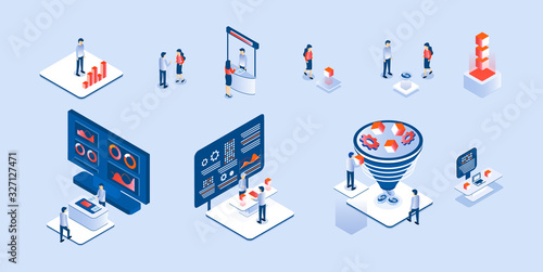 Coworkers set vector. Collection of scene of freelancers, businessman for expo, forex, coworking office illustration. Internet communication business in isometric style.