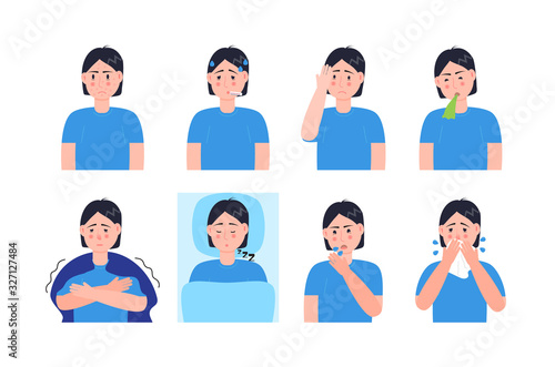Sick man coughing, sneezing. Set character vector of cold, flu, sore throat, measles. Illustrations of fever, allergy, headache, vomiting are isolated on white background