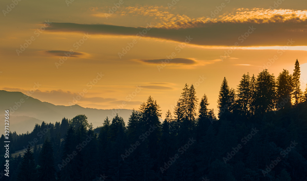 sunset, beautiful cloudy sky in carpathian mountains, summer landscape, spruces on hills sunset, beautiful cloudy sky in carpathian mountains, summer landscape, spruces on hills