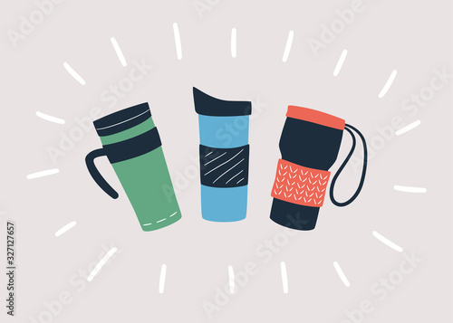 Reusable cups, thermo mug and tumblers with cover for take away hot coffee or tea. Hand drawn object isolated on light background. Vector illustration