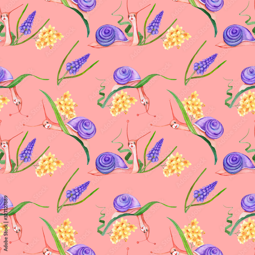 Seamless texture. Spring and snails on a pink background.