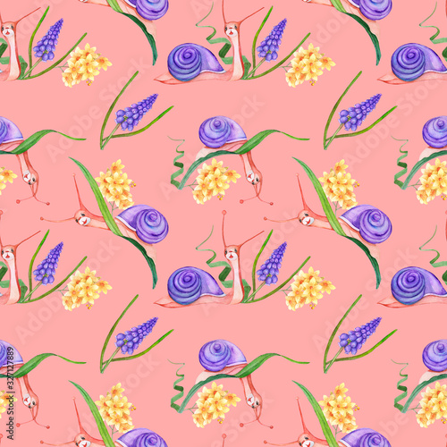 Seamless texture. Spring and snails on a pink background.