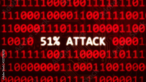 51% attack on blockchain, text on random binary code red screen - computer technology words series 3D render