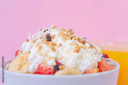 Brunch-style fruit salad with Homemade Cottage Cheese and orange juice