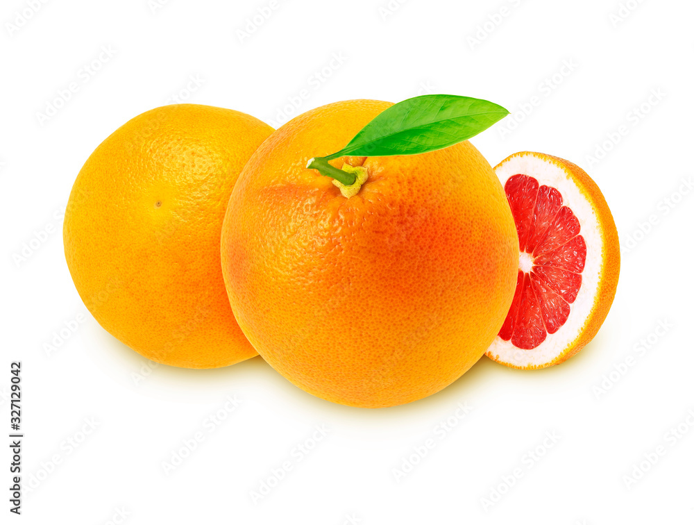 Grapefruit with slice and leaf on white background Grapefruit with slice and leaf on white background