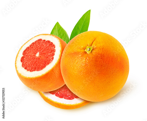 Grapefruit with slice and leaf on white background