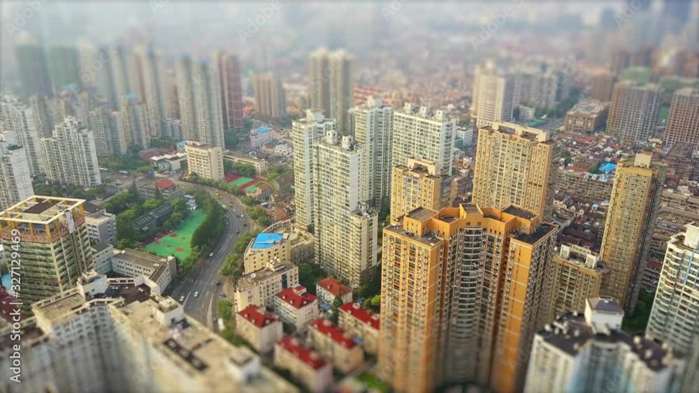 sunny sunset shanghai cityscape aerial panorama 4k tilt shift china sunny sunset shanghai cityscape aerial panorama 4k tilt shift china