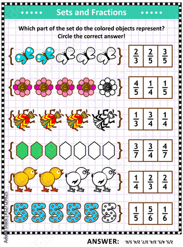 Math puzzle or worksheet for schoolchildren and adults with pictorial fraction representations by sets. Answer included.
