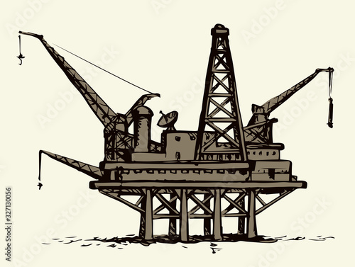 Offshore oil rig. Vector ink style illustration