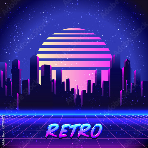 Retro Futurism. Vector futuristic synth wave illustration. 80s Retro poster Background with Night City Skyline. Rave party Flyer design template in 1980s style.