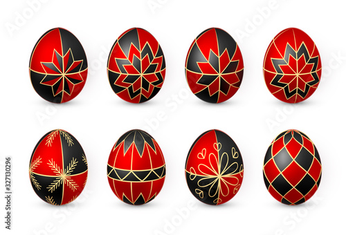 Color Easter egg on white background. Red and white egg paint by beeswax. Vector illustration