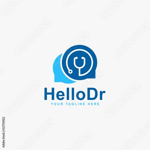 Medical care logo design. Hello doctor abstract vector. Bubble chat and stethoscope icon symbol.