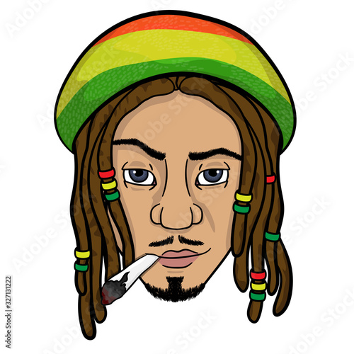 the face of a black rastaman who smokes. vector. isolated on white background.