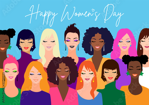 International Women's Day. Vector illustration of women diverse faces of different ethnicity in flat art style. 