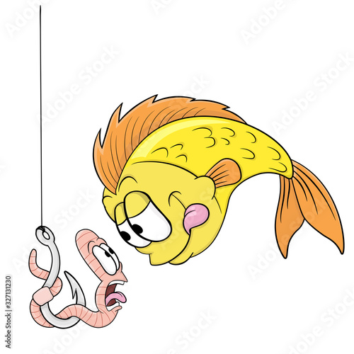 cartoon worm on a hook that the fish wants to eat. emotion of fear. Isolated on white background.vector .stock illustration
