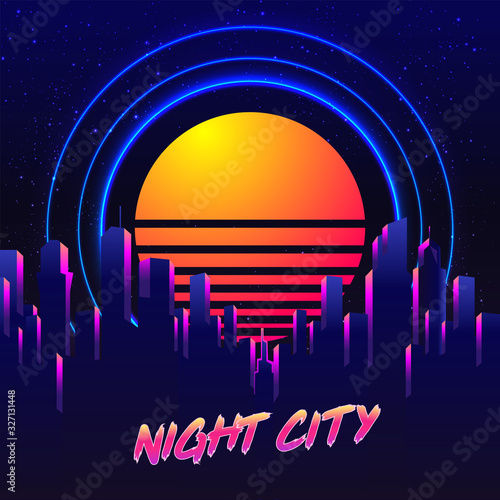 Retro Futurism. Vector futuristic synth wave illustration. 80s Retro poster Background with Night City Skyline. Rave party Flyer design template in 1980s style.
