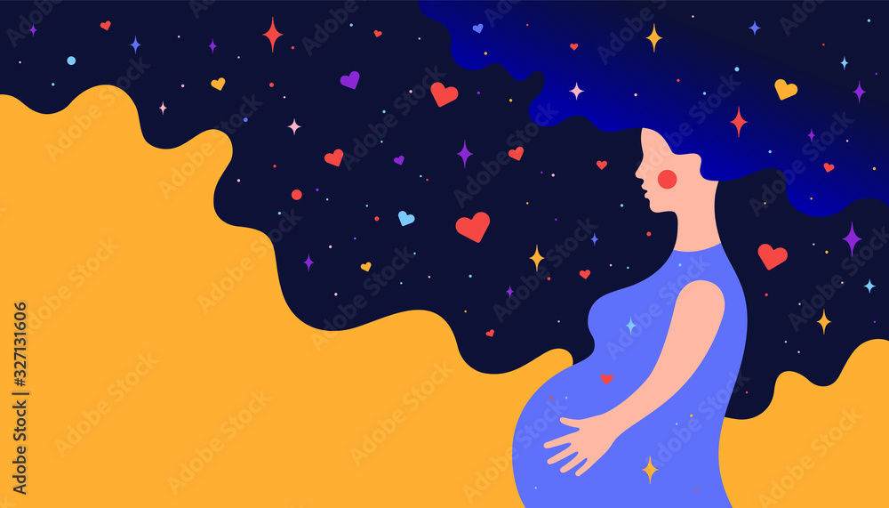 Modern flat character. Pregnant woman with dream universe. Simple character of pregnant woman with universe starry night and love symbols in hair. Concept in flat graphic. Vector Illustration