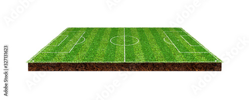 Side view of Green soccer field on brown ground isolated on white background.